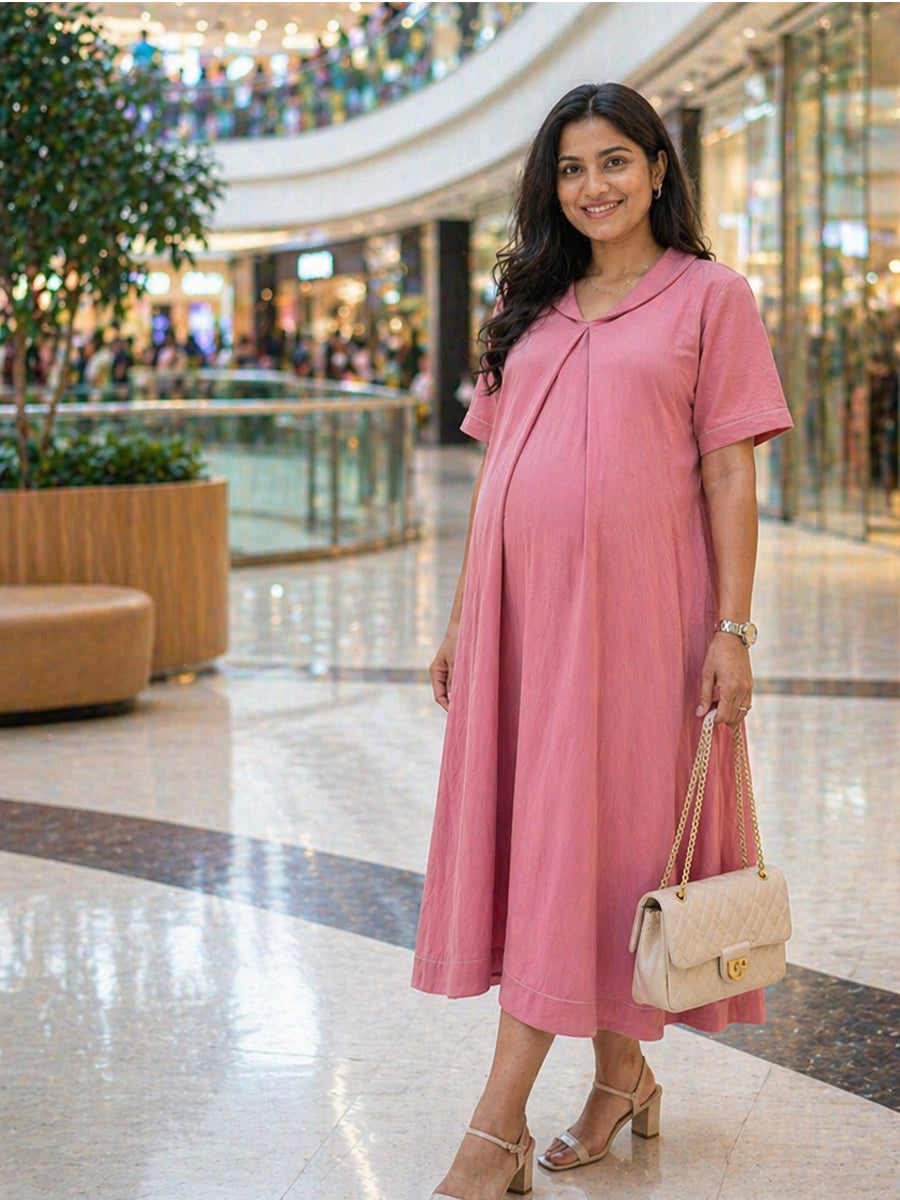 Ziva Maternity & Feeding  A-Line Dress with Zip & Pocket – Faded Pink