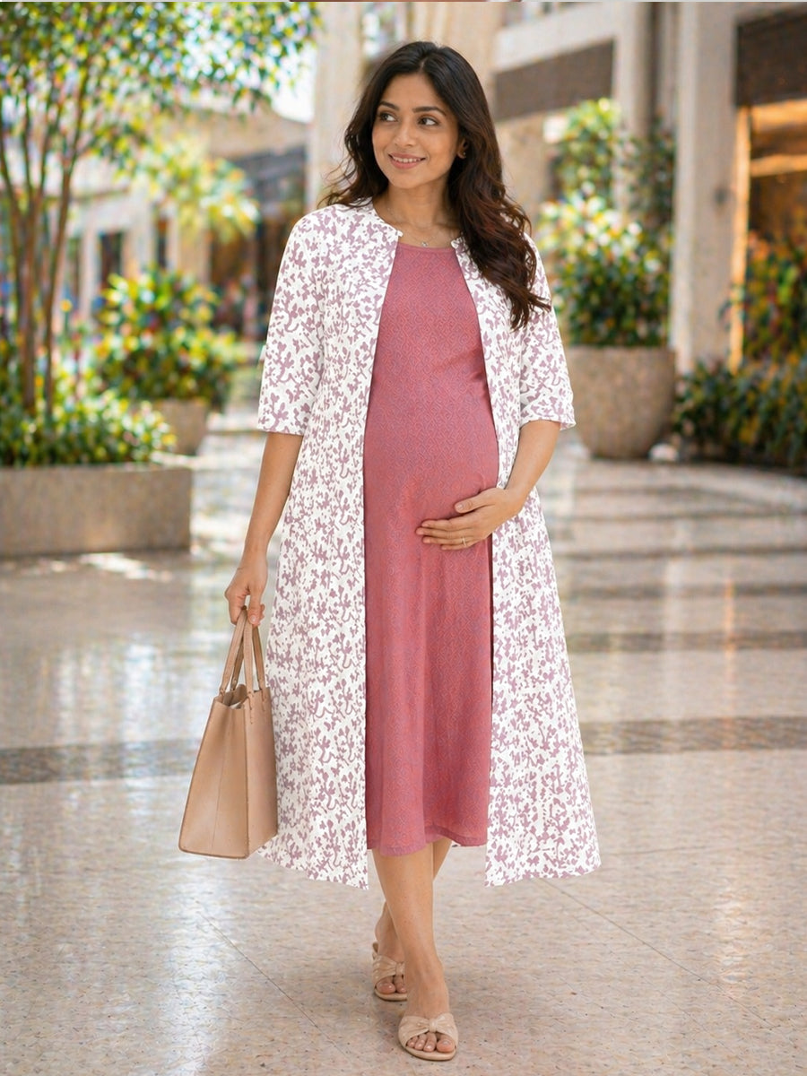 Ziva Maternity & Feeding Dress with Sleeveless Inner & Long Jacket – Pink & White