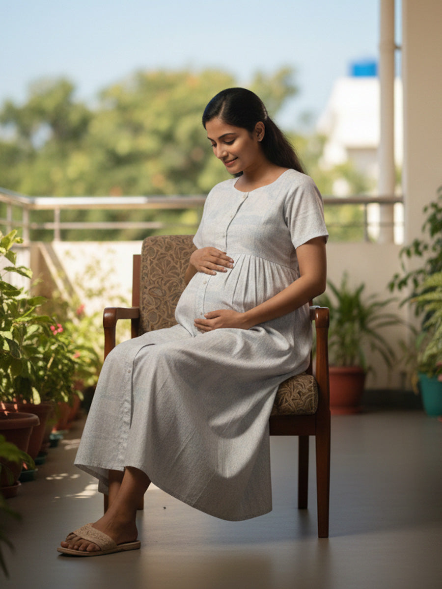 Cotton Full-Open Short Maternity Nighty – White Marble Print | ziva