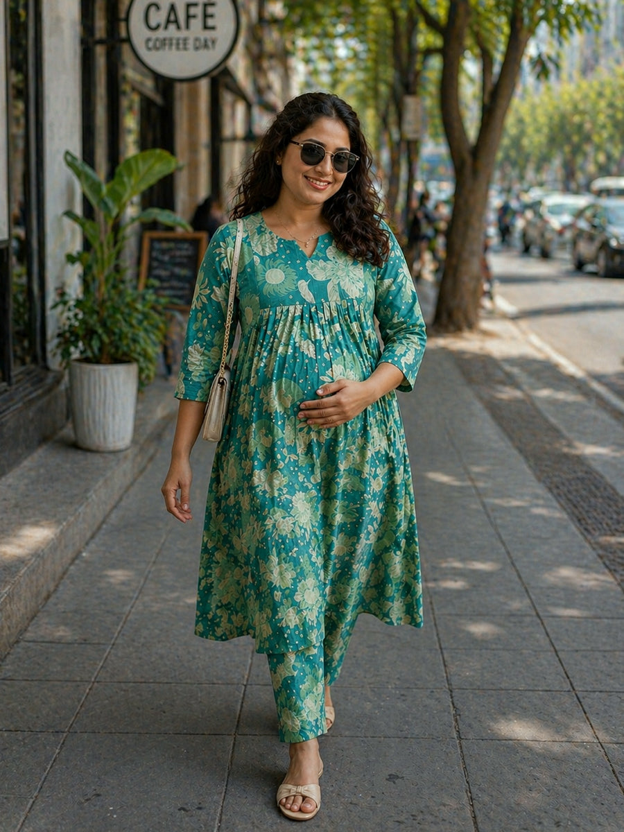 Ziva Maternity & Feeding Ethnic Co-ord Set with Nursing Zip & Wide-Leg Adjustable Pant – Green Floral