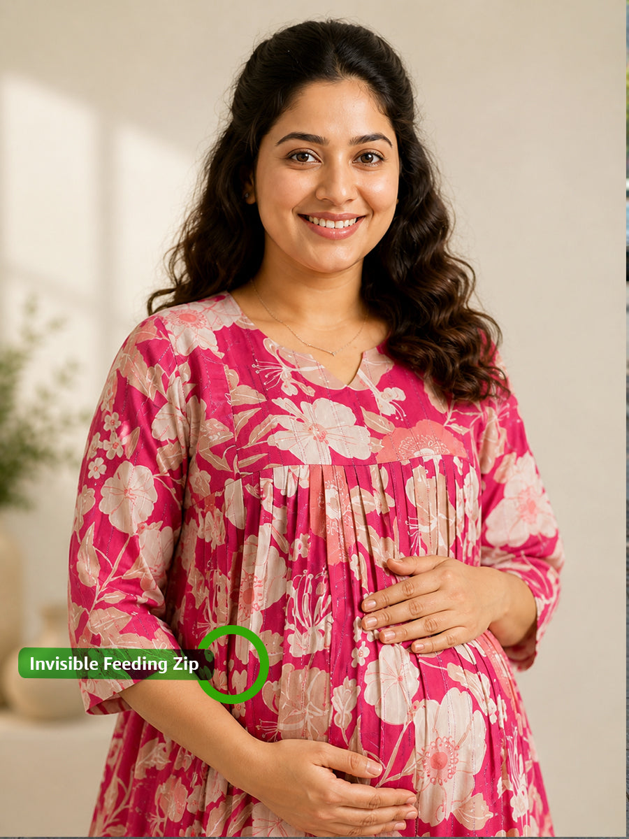 Ziva Maternity & Feeding Ethnic Co-ord Set with Nursing Zip & Wide-Leg Adjustable Pant – Pink Floral