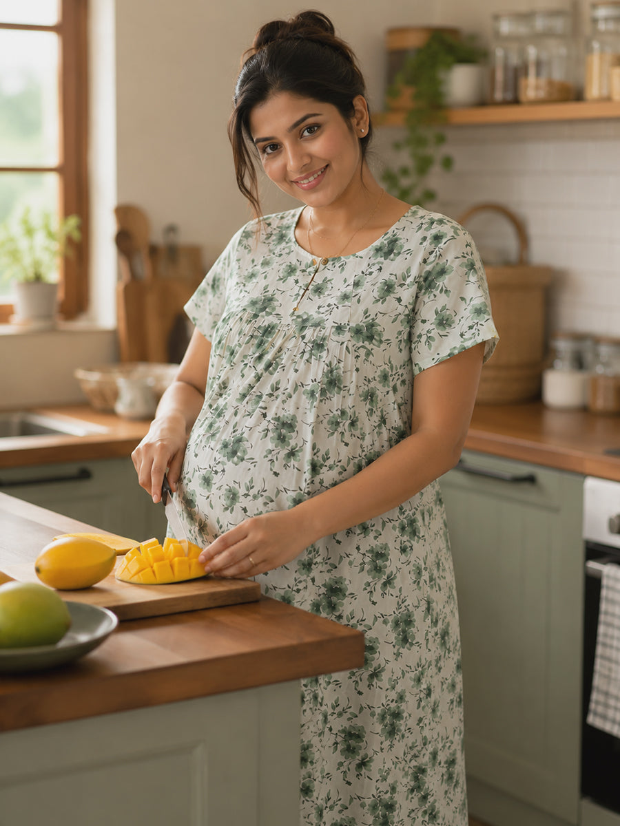 Ziva Maternity & Feeding Cotton Short Nighty with Zip & Pocket – White & Green Ditsy Floral