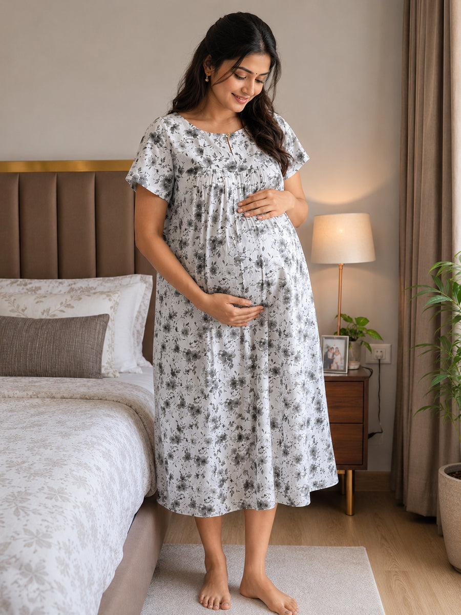 Ziva Maternity & Feeding Cotton Short Nighty with Zip & Pocket – White & Grey Ditsy Floral