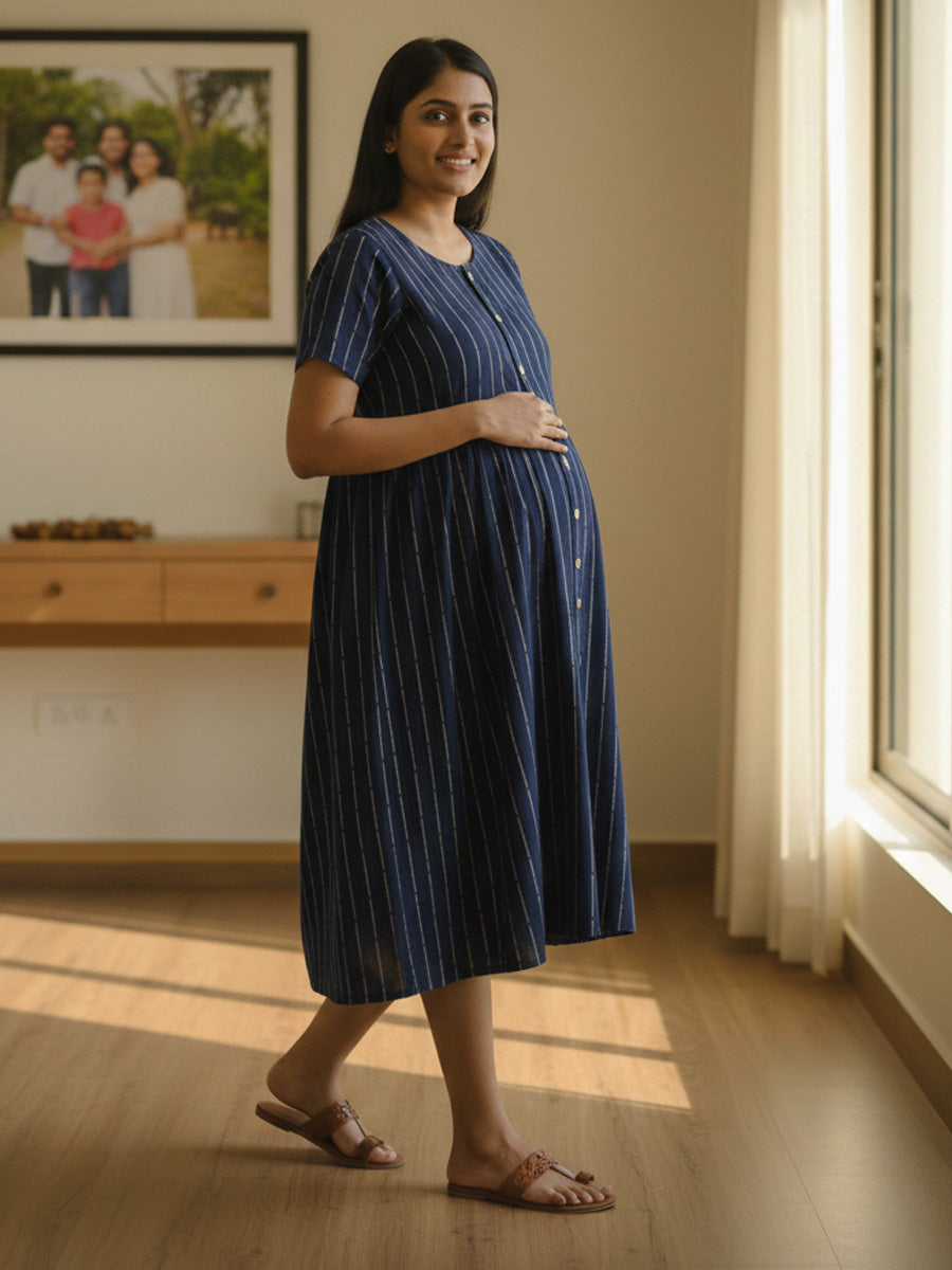Cotton Full-Open Short Maternity Nighty – Navy Blue Line Print