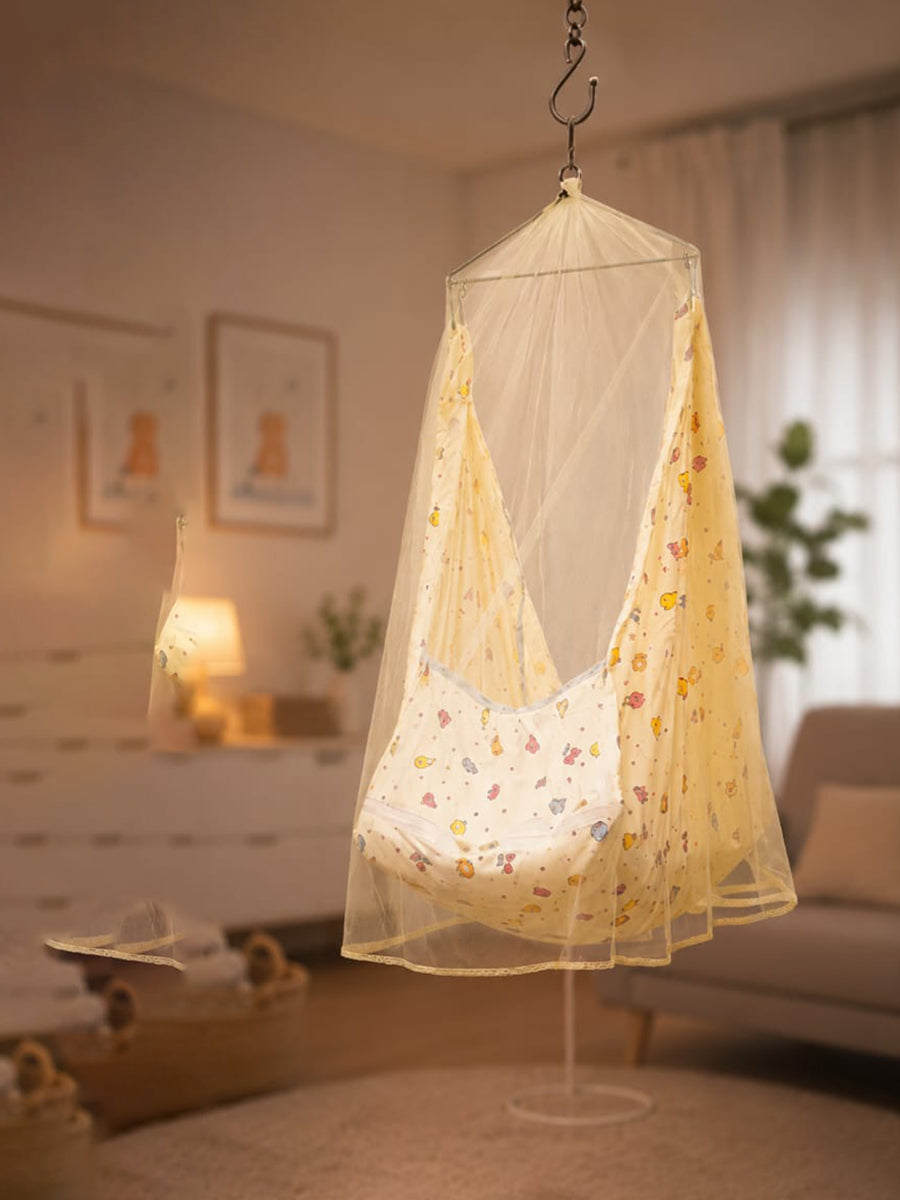 Ziva Multipurpose Cotton Baby Cradle with Bed & Convertible Swing Chair – Off White Cartoon Fruit Print