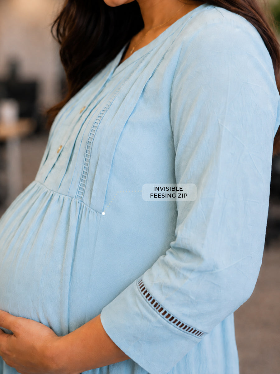 Ziva Maternity & Feeding Crinkle Textured Dress with Invisible Feeding Zip & Pocket – Light Teal Blue