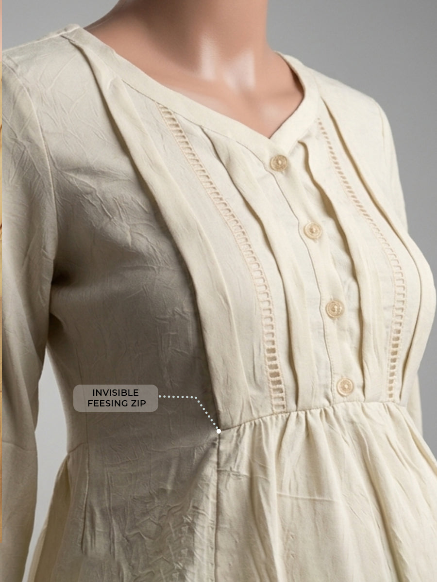 Ziva Maternity & Feeding Crinkle Textured Dress with Invisible Feeding Zip & Pocket – Cream
