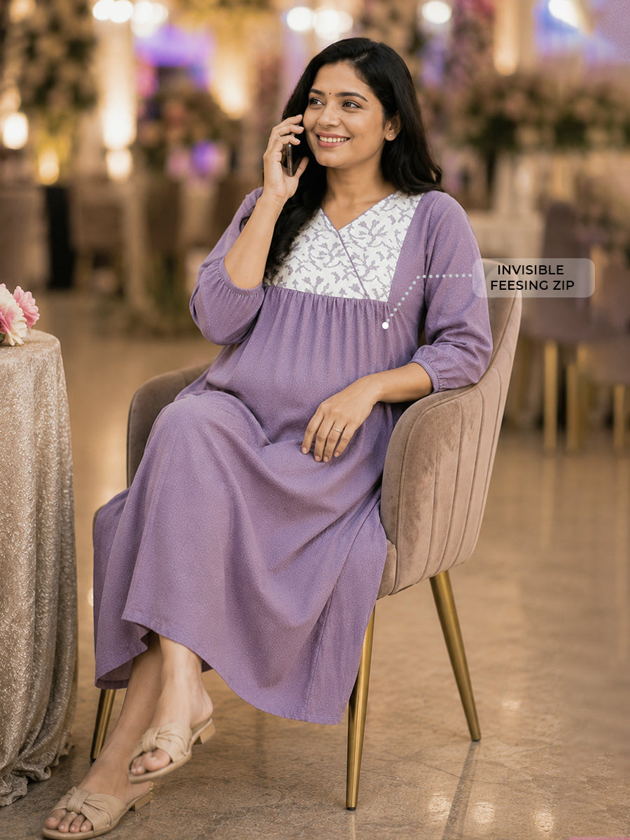Ziva Maternity & Feeding Crushed Textured Shimmer Fabric Dress with Invisible Feeding Zip & Side Pocket – Dusty Mauve