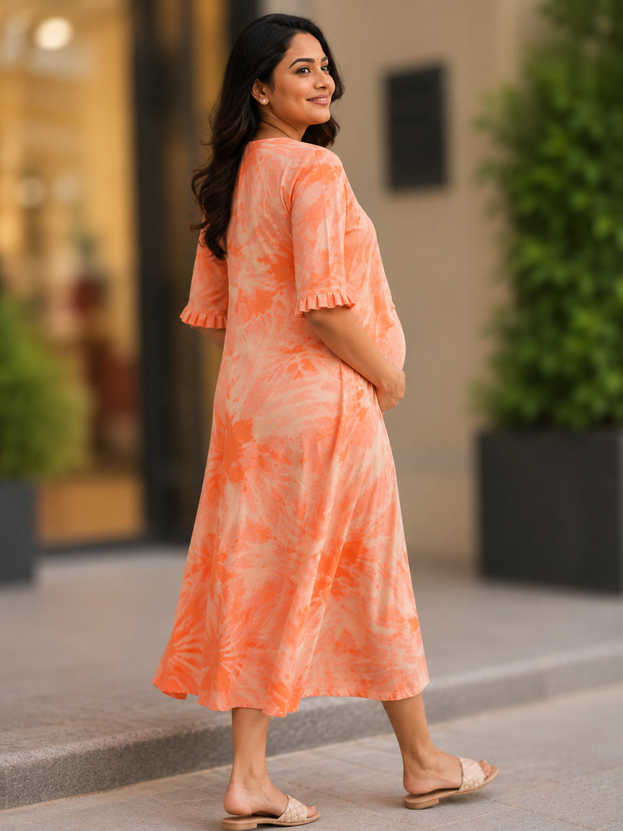 Ziva Maternity & Feeding Knitted Cotton Maxi Dress with Zipless Feeding Access & Pocket – Muted Peach Orange Tie-Dye