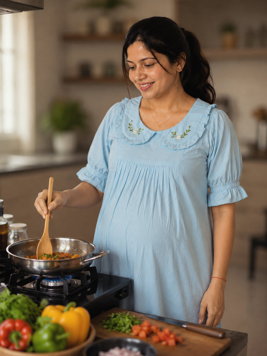 Ziva Maternity & Feeding Cotton Short Frock Nighty with Elegant Embroidered Peter Pan Collar, Invisible Feeding Zips & Pocket – Light Blue