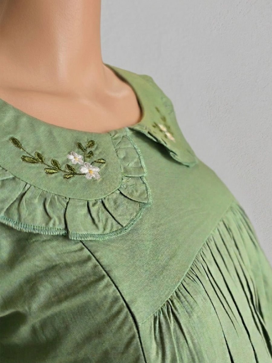 Ziva Maternity & Feeding Cotton Short Frock Nighty with Elegant Embroidered Peter Pan Collar, Invisible Feeding Zips & Pocket – Sage Green