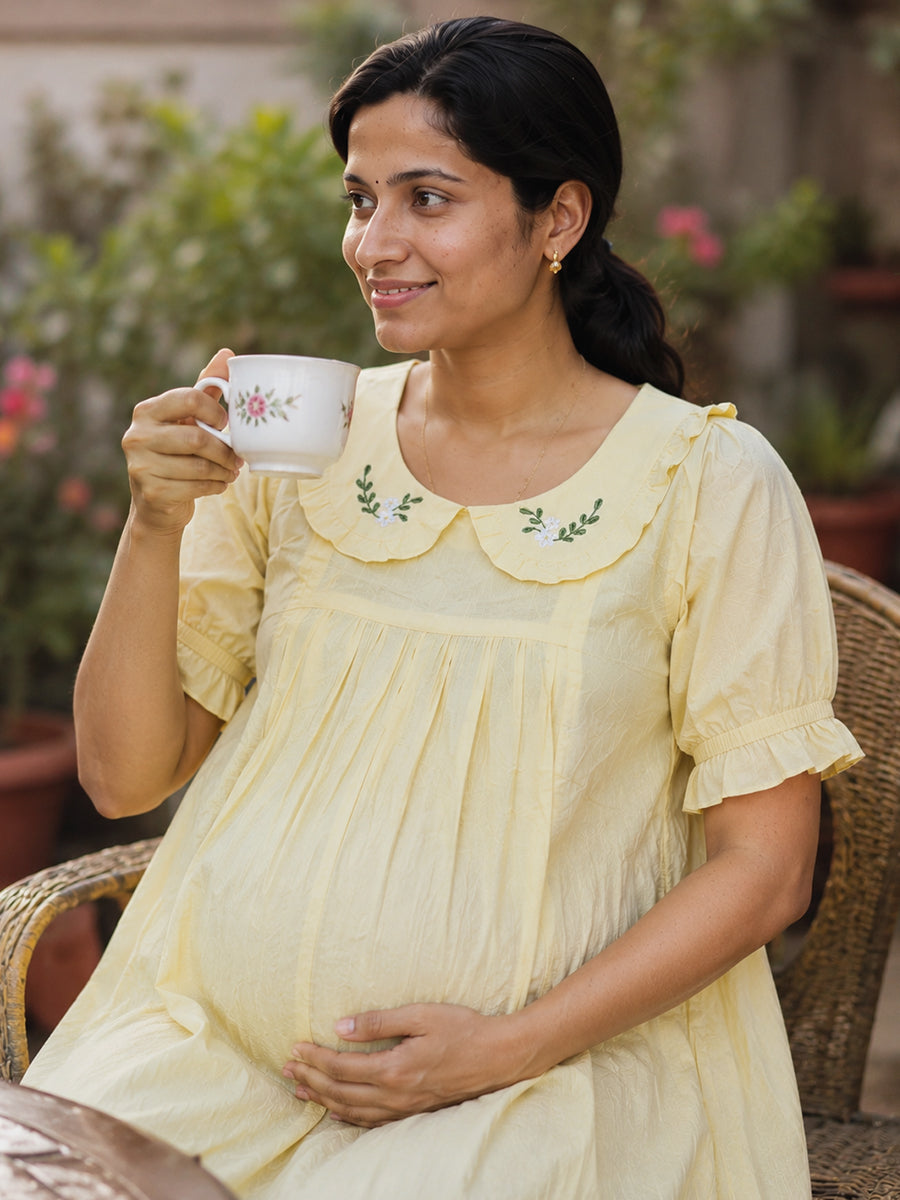 Ziva Maternity & Feeding Cotton Short Frock Nighty with Elegant Embroidered Peter Pan Collar, Invisible Feeding Zips & Pocket – Light Yellow