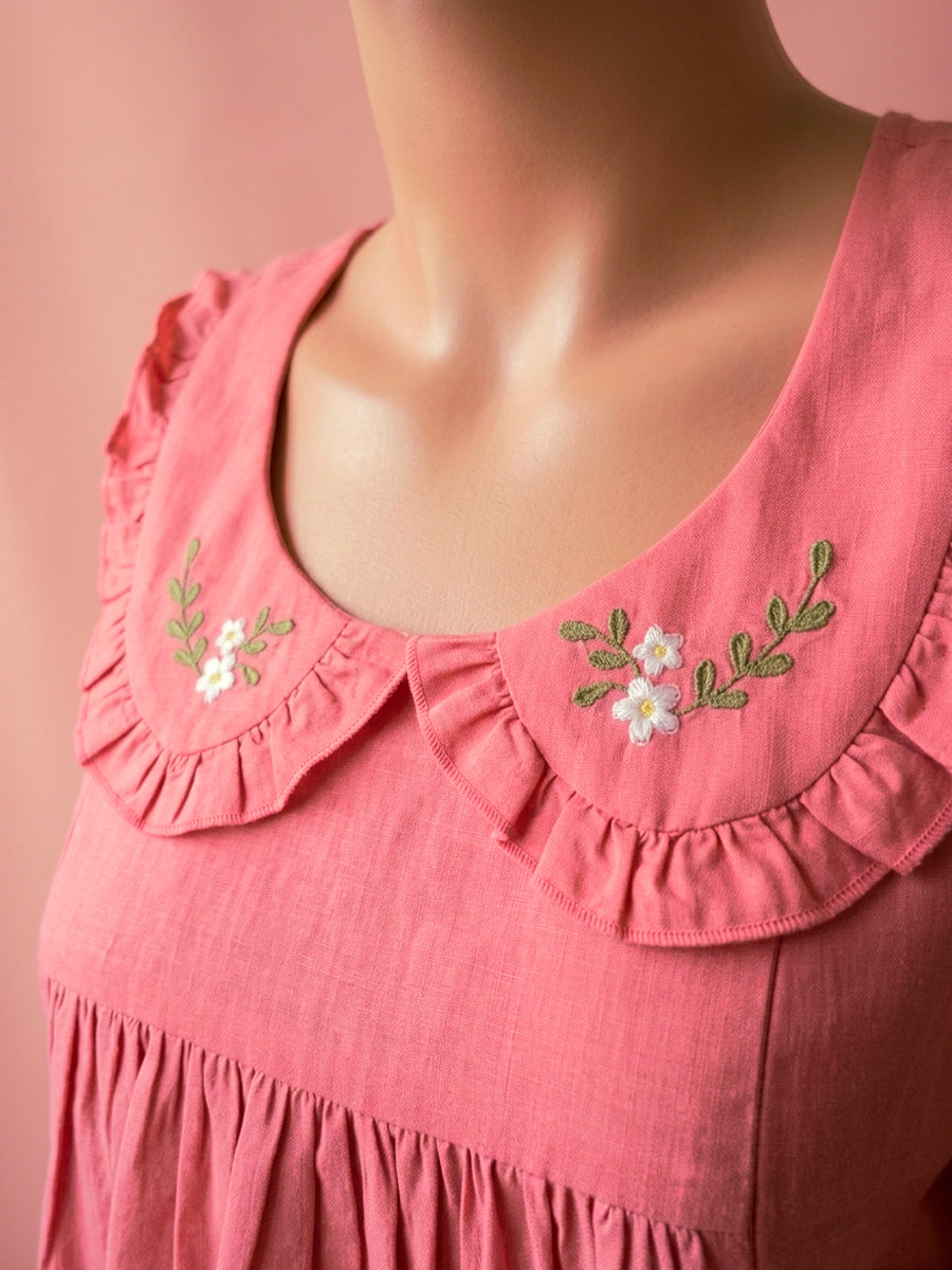 Ziva Maternity & Feeding Cotton Short Frock Nighty with Elegant Embroidered Peter Pan Collar, Invisible Feeding Zips & Pocket – Rosy Peach