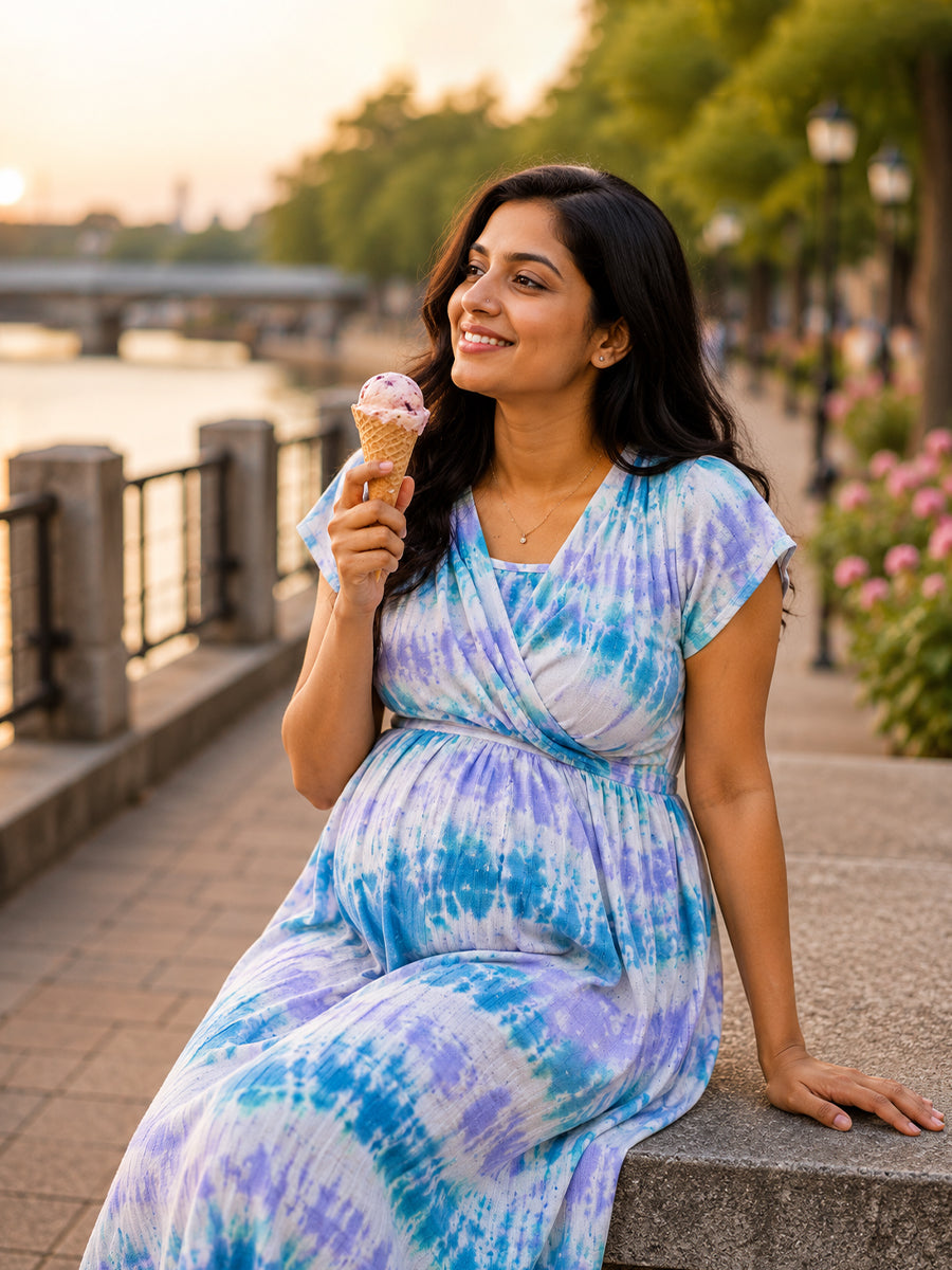 Ziva Maternity & Feeding Knitted Cotton Midi Dress with Zipless Feeding Access & Pocket – Aqua Mist & Lavender Wash Tie-Dye