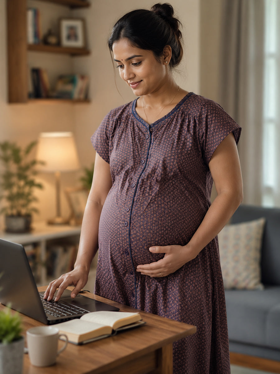 Ziva Maternity & Feeding Cotton Full Open Night Gown with Decorative Frill Placket – Dusty Sky Blue Asanoha Geometric Print
