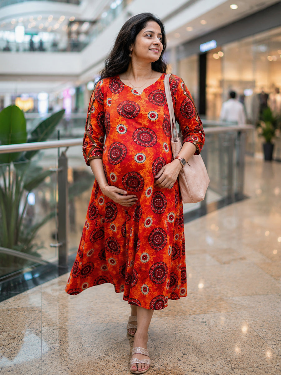 Ziva Maternity & Feeding Cotton Kurta with Double Side Feeding Zip – Burnt Orange Red Ethnic Mandala Print