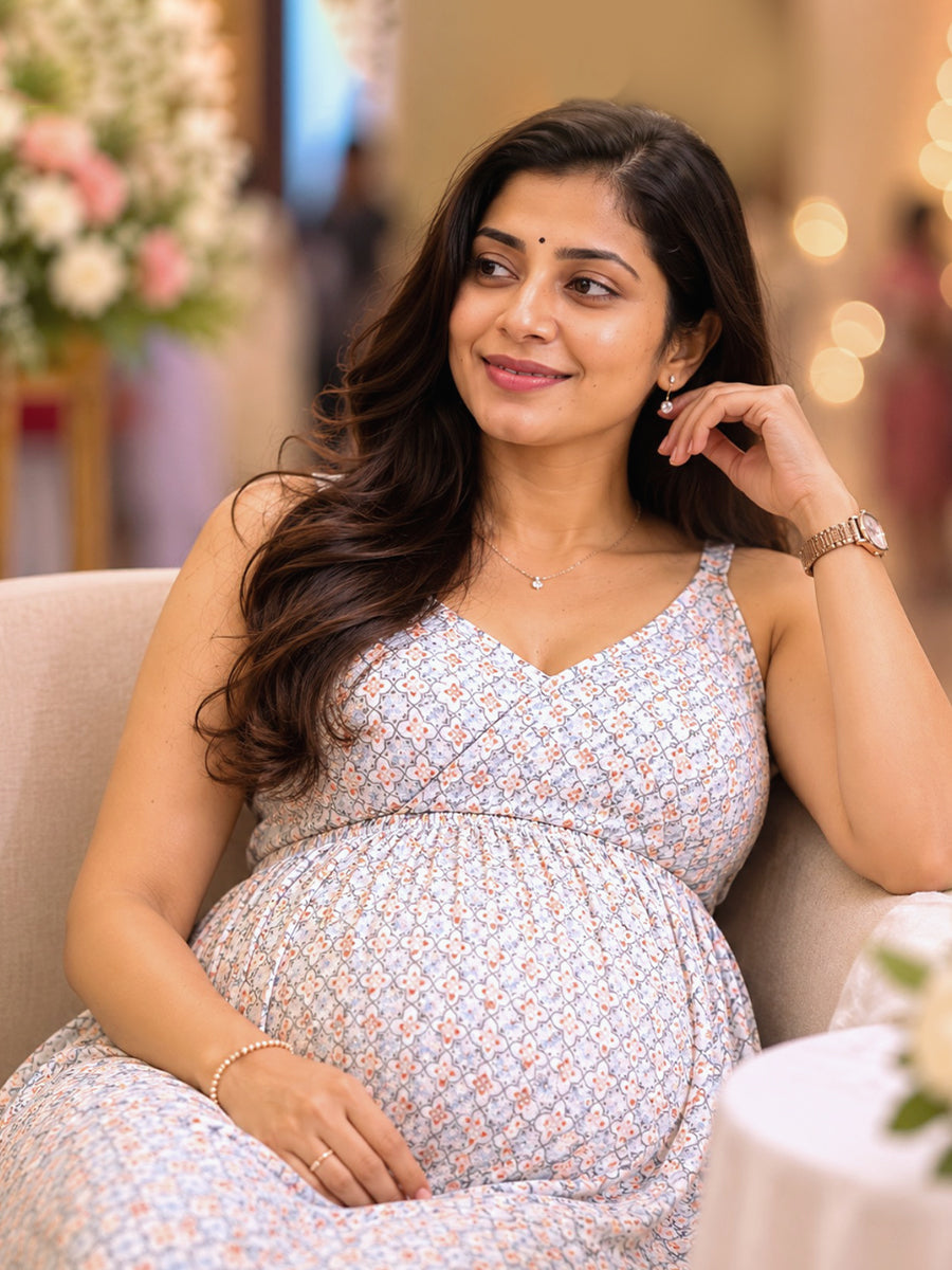 Ziva Maternity & Feeding Crushed Rayon Gown with Easy-Access Nursing Buckles & Adjustable Straps – Soft Mist Grey Geometric Floral Trellis Print