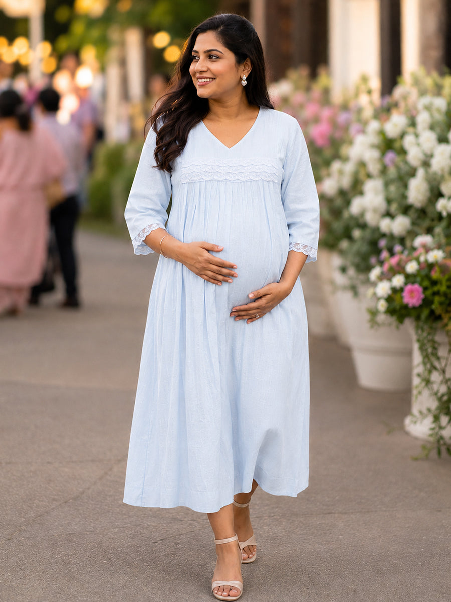 Ziva Maternity & Feeding Slub Grain Textured Dress with Invisible Feeding Zips, Crochet Lace Detailing & Pocket – Powder Blue
