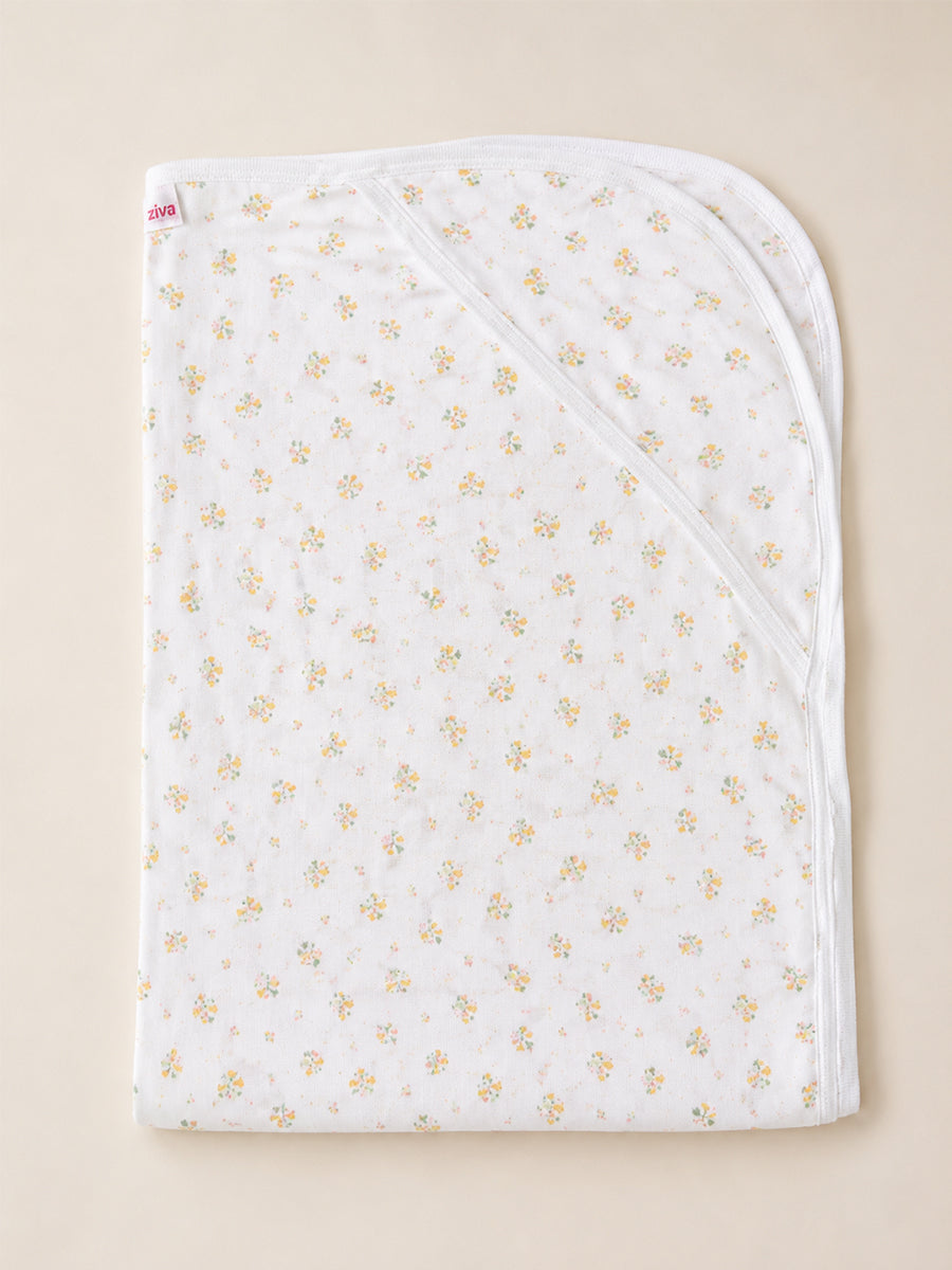 Ziva Baby Hooded Towel – White | Tiny Wildflower Bouquet Print | 100% Knitted Cotton