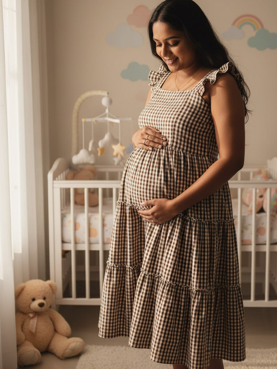 Brown & Cream Checkered Nursing Dress – Cotton Ruffle Butterfly Sleeves by Ziva