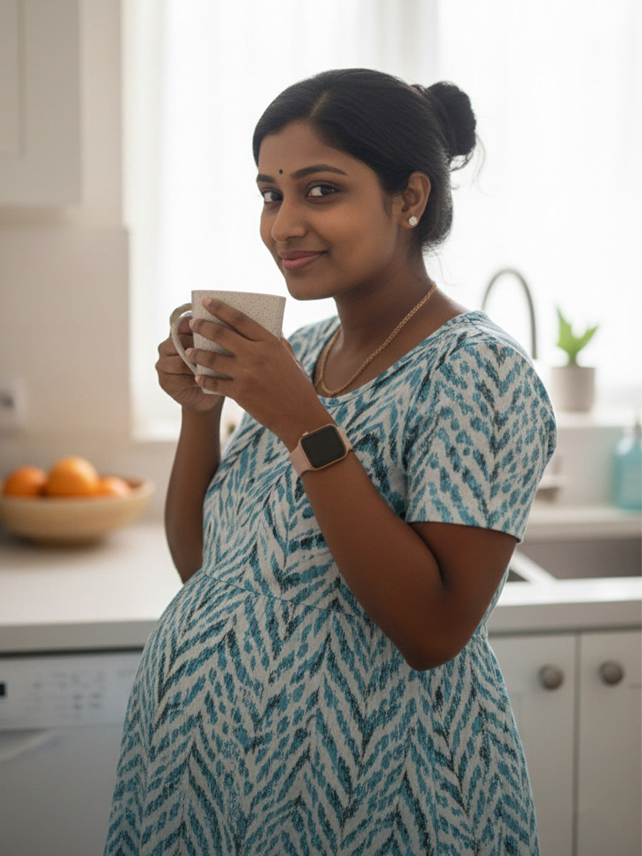 White Zig-Zag Printed Knitted Maternity & Zipless Feeding Dress | Ziva