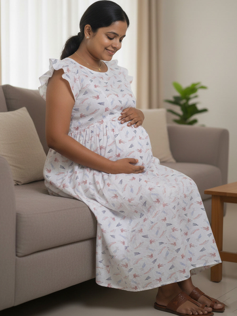 White Floral Cotton Mix Ruffle Sleeve Maternity & Feeding Dress