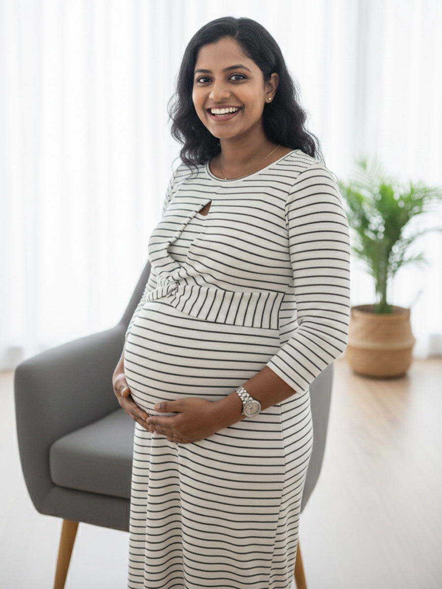 White Knitted with Navy Blue Striped Twisty Zipless Maternity Dress – Stretch Fit Elegance