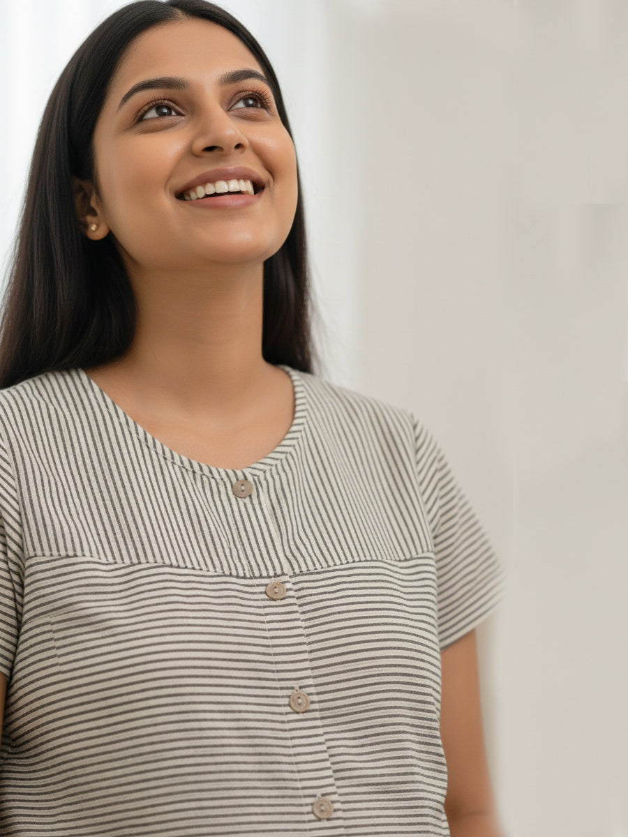 Light Cream Cotton Horizontal Striped Full-Open Maternity & Nursing Nighty