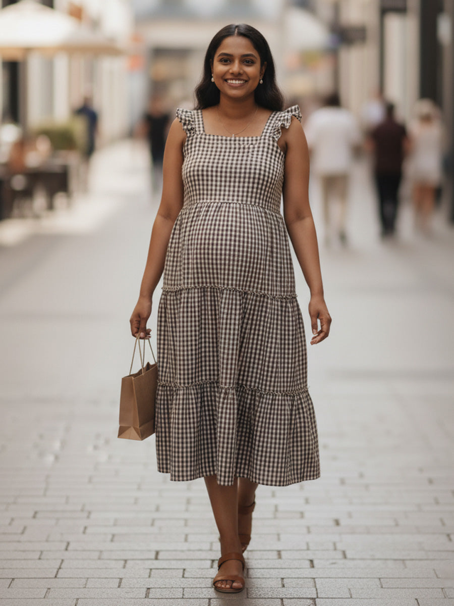Brown & Cream Checkered Nursing Dress – Cotton Ruffle Butterfly Sleeves by Ziva