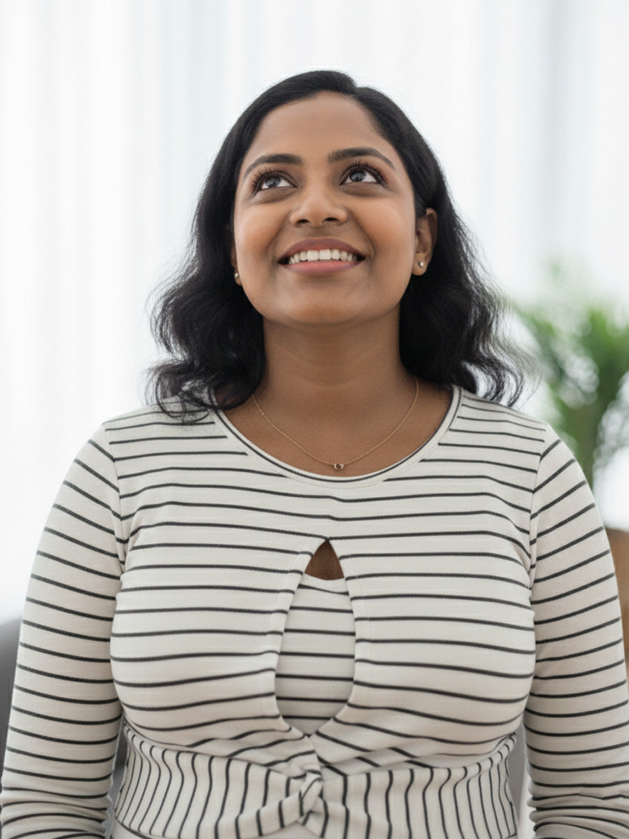 White Knitted with Navy Blue Striped Twisty Zipless Maternity Dress – Stretch Fit Elegance