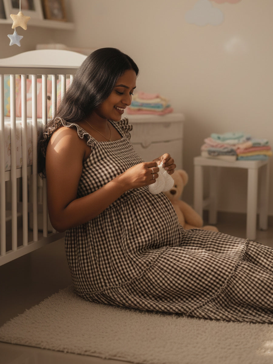 Brown & Cream Checkered Nursing Dress – Cotton Ruffle Butterfly Sleeves by Ziva