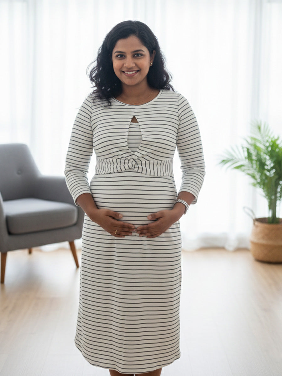 White Knitted with Navy Blue Striped Twisty Zipless Maternity Dress – Stretch Fit Elegance