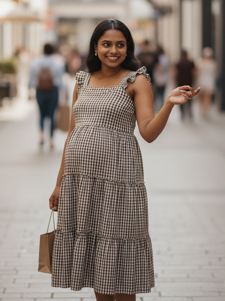 Brown & Cream Checkered Nursing Dress – Cotton Ruffle Butterfly Sleeves by Ziva