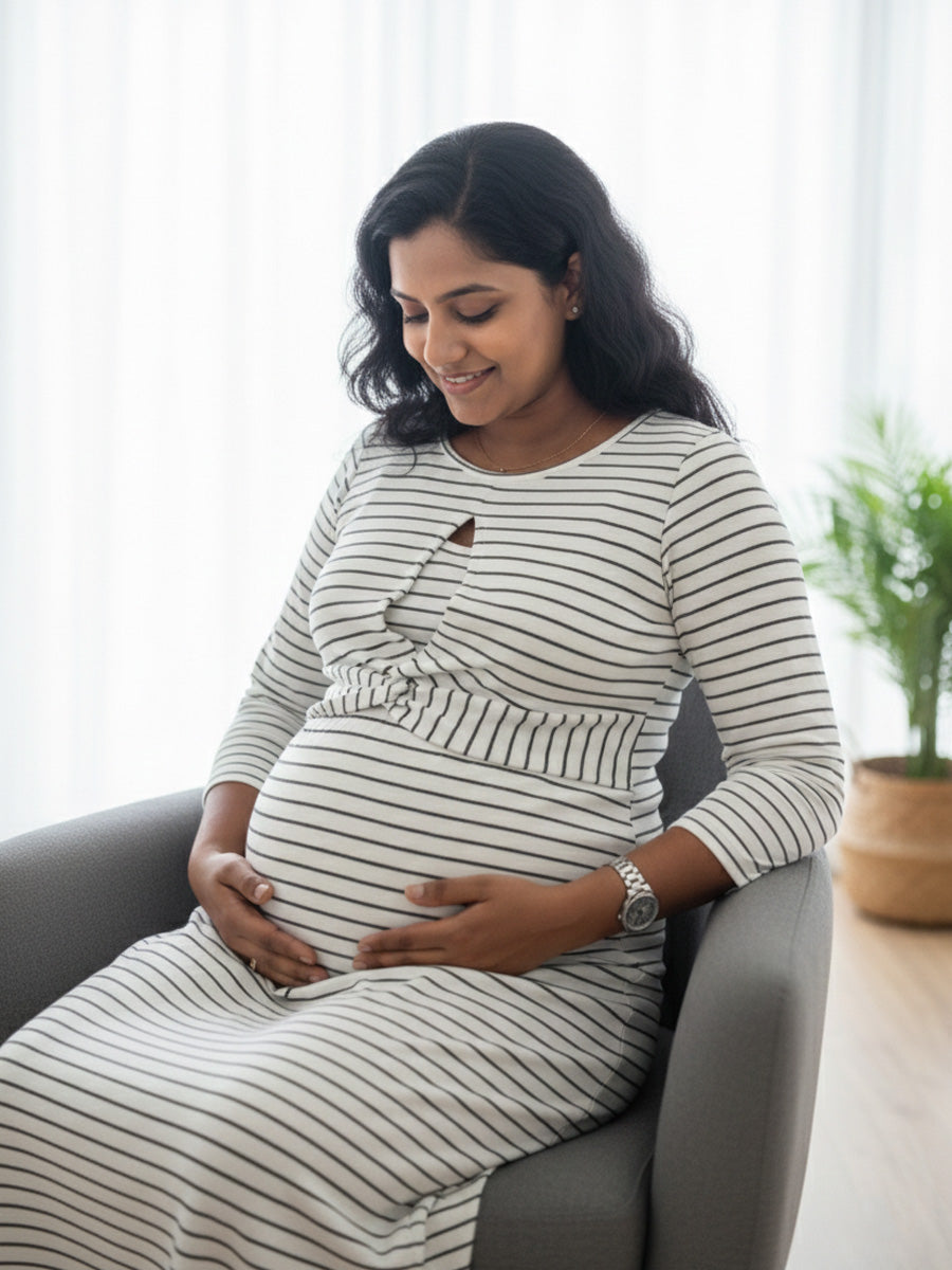 White Knitted with Navy Blue Striped Twisty Zipless Maternity Dress – Stretch Fit Elegance