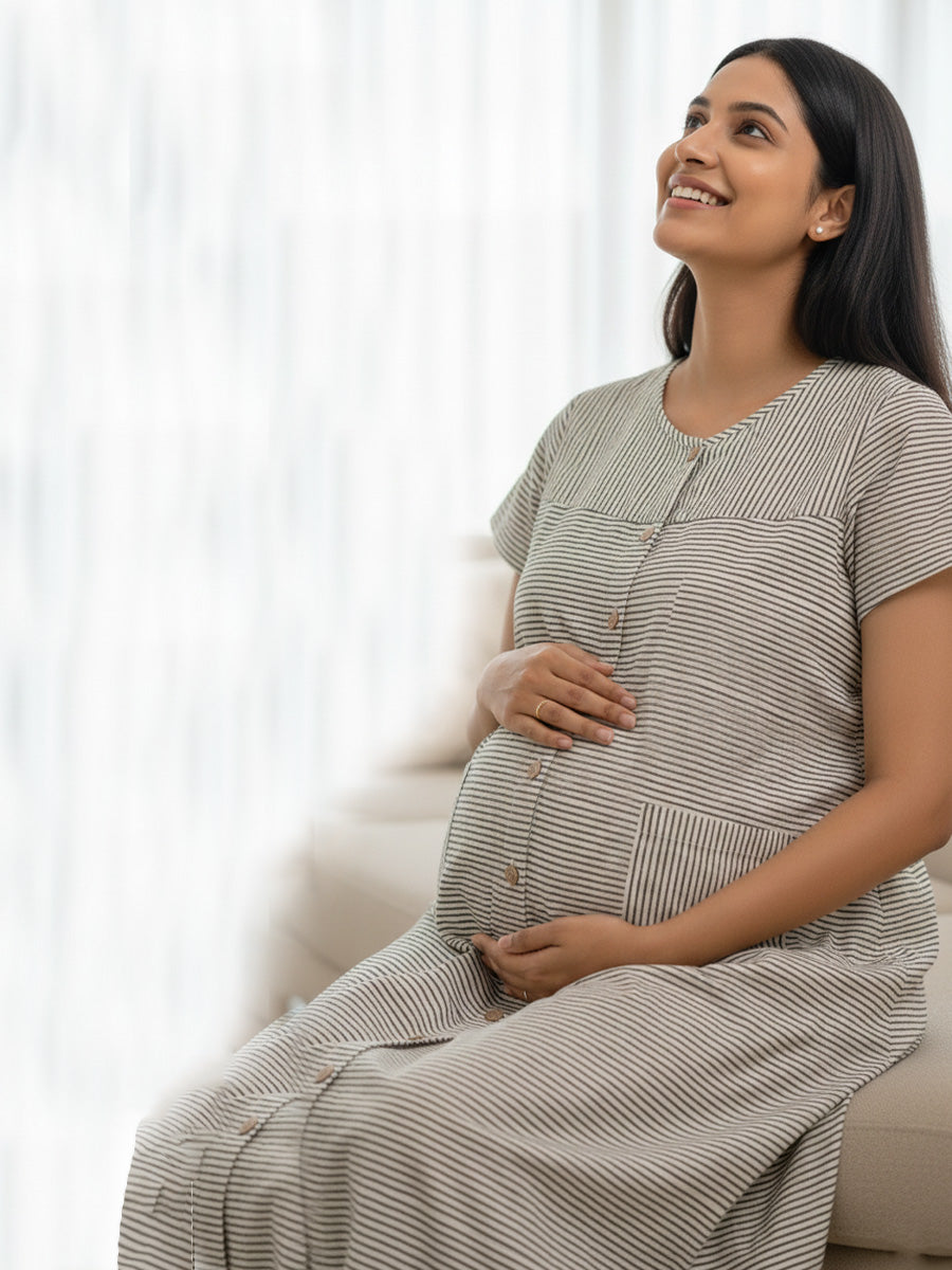 Light Cream Cotton Horizontal Striped Full-Open Maternity & Nursing Nighty