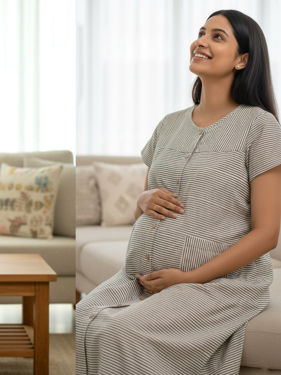 Light Cream Cotton Horizontal Striped Full-Open Maternity & Nursing Nighty