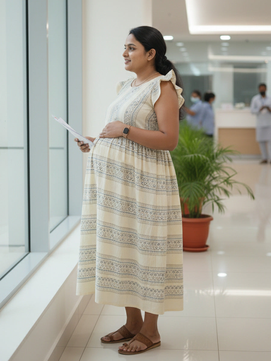 Cream Tribal Print Cotton Mix Ruffle Sleeve Maternity & Feeding Dress