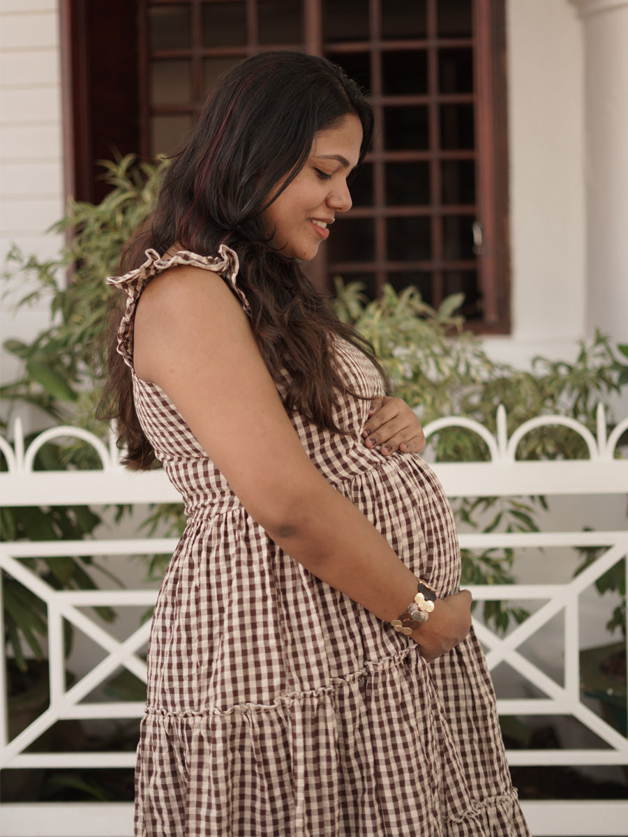 Brown & Cream Checkered Nursing Dress Cotton Ruffle Butterfly Sleeve ZIVAMOMS Brown & Cream Checkered Nursing Dress Cotton Ruffle Butterfly Sleeve ZIVAMOMS