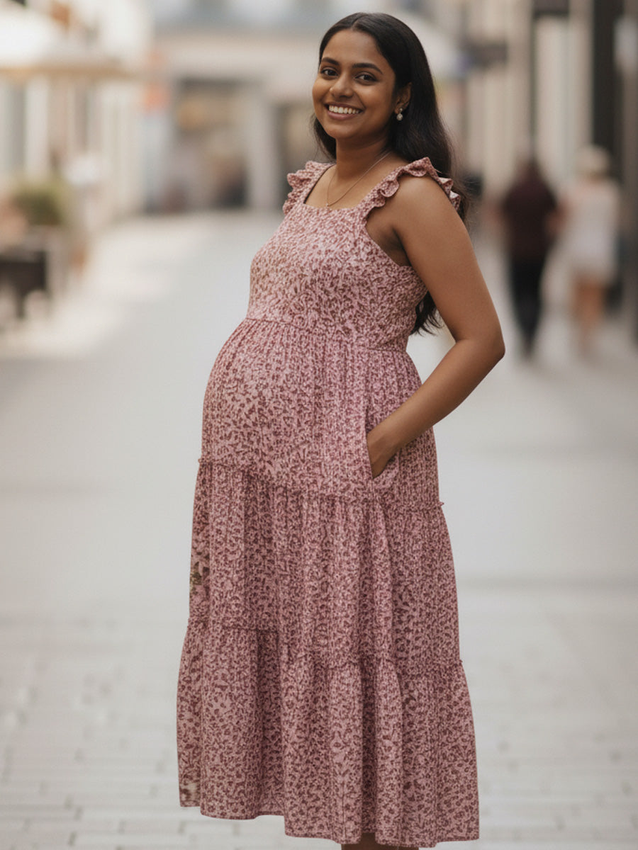 Pink Floral Nursing Dress – Muslin Ruffle Butterfly Sleeves by Ziva