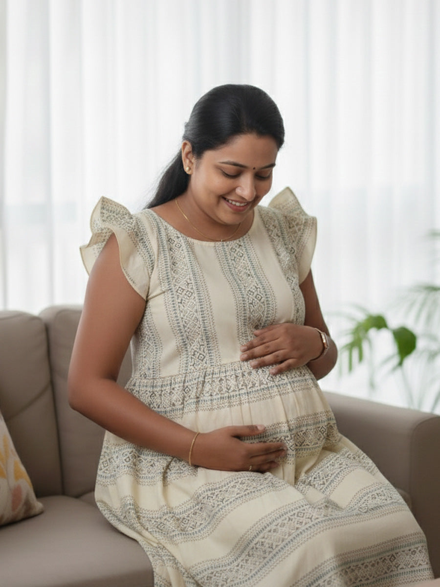 Cream Tribal Print Cotton Mix Ruffle Sleeve Maternity & Feeding Dress
