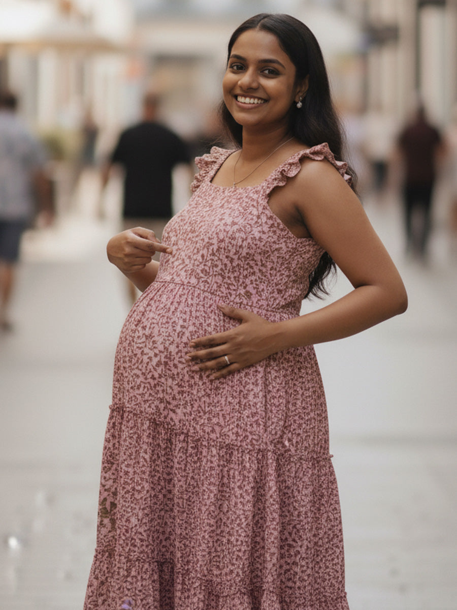 Pink Floral Nursing Dress – Muslin Ruffle Butterfly Sleeves by Ziva