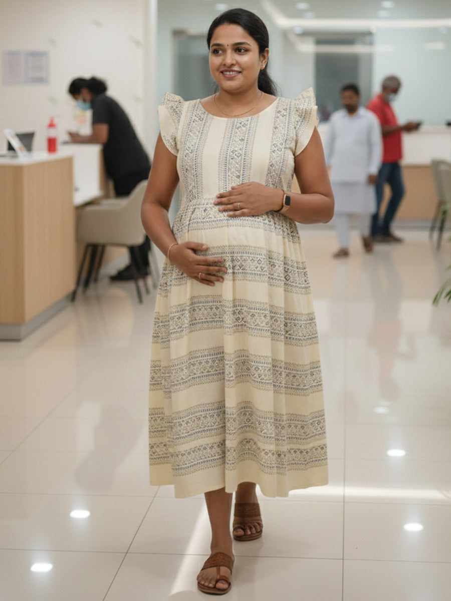 Cream Tribal Print Cotton Mix Ruffle Sleeve Maternity & Feeding Dress