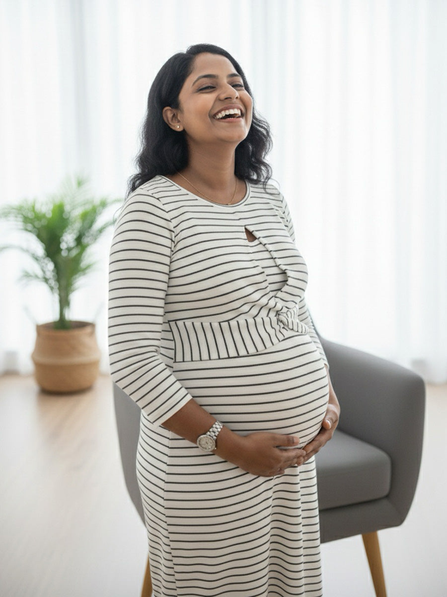 White Knitted with Navy Blue Striped Twisty Zipless Maternity Dress – Stretch Fit Elegance