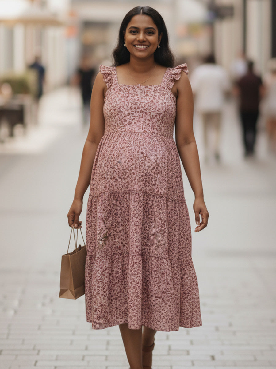 Pink Floral Nursing Dress – Muslin Ruffle Butterfly Sleeves by Ziva