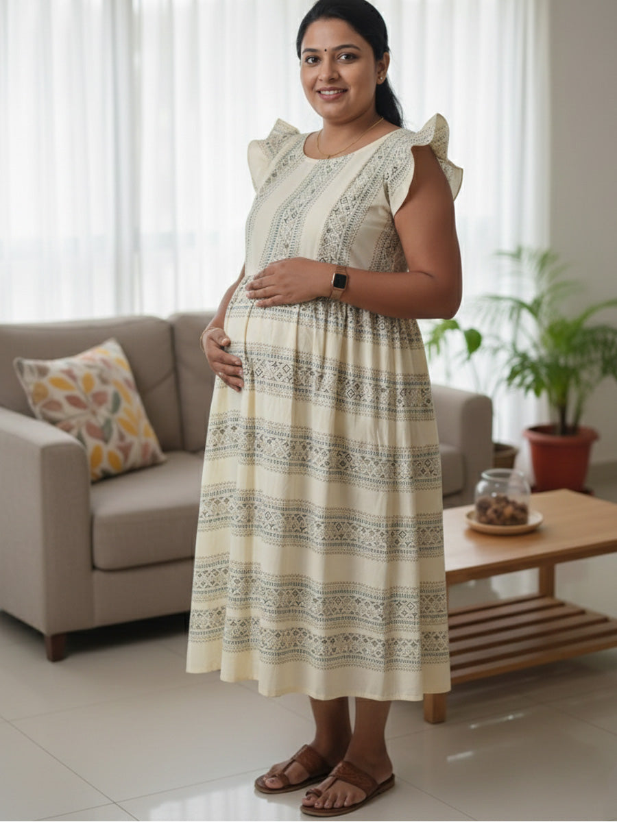 Cream Tribal Print Cotton Mix Ruffle Sleeve Maternity & Feeding Dress