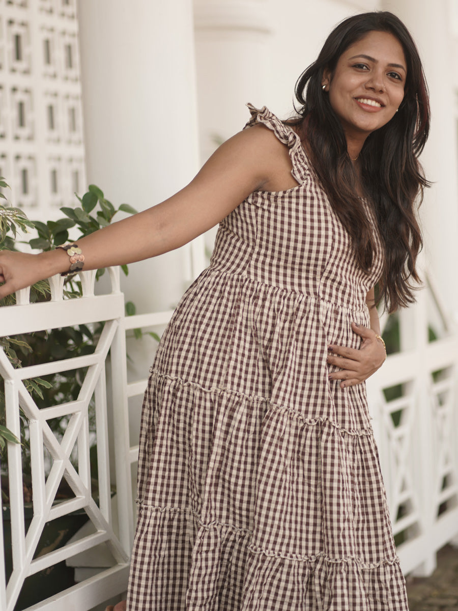 Brown & Cream Checkered Nursing Dress – Cotton Ruffle Butterfly Sleeves by Ziva