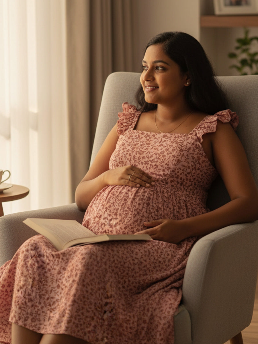 Pink Floral Nursing Dress – Muslin Ruffle Butterfly Sleeves by Ziva