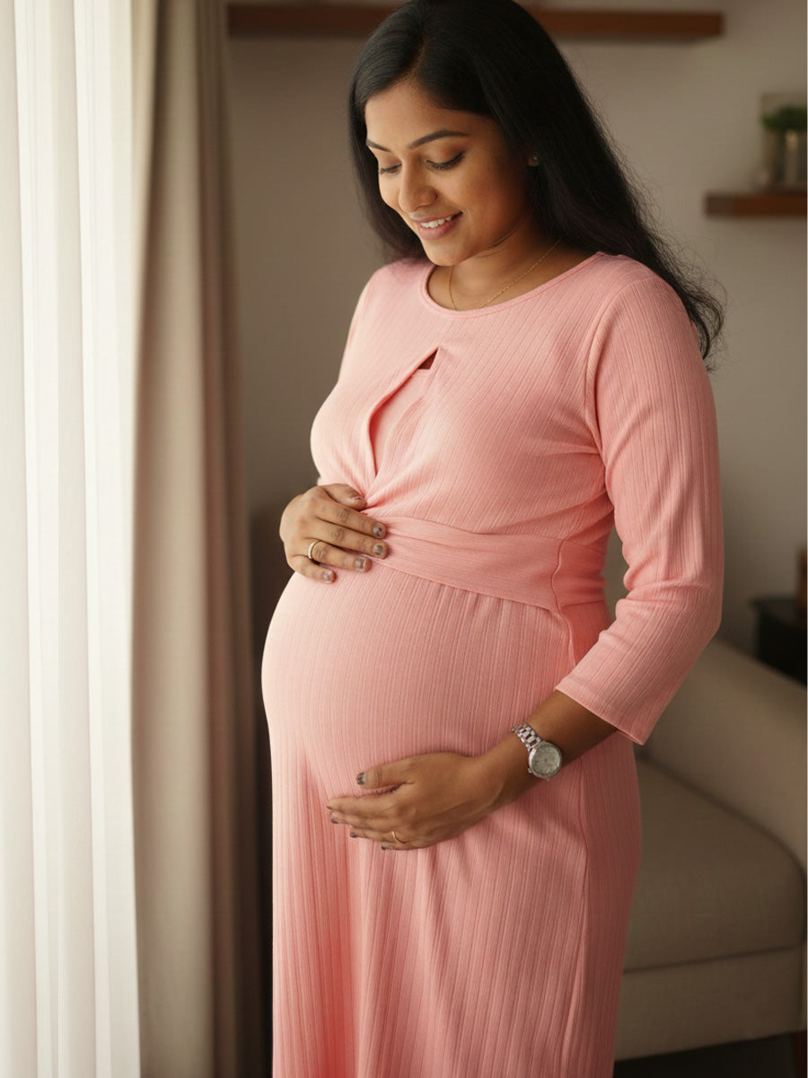 Pink Solid Twisty Knit Cotton Maternity Dress – Zipless Feeding Access | Ziva