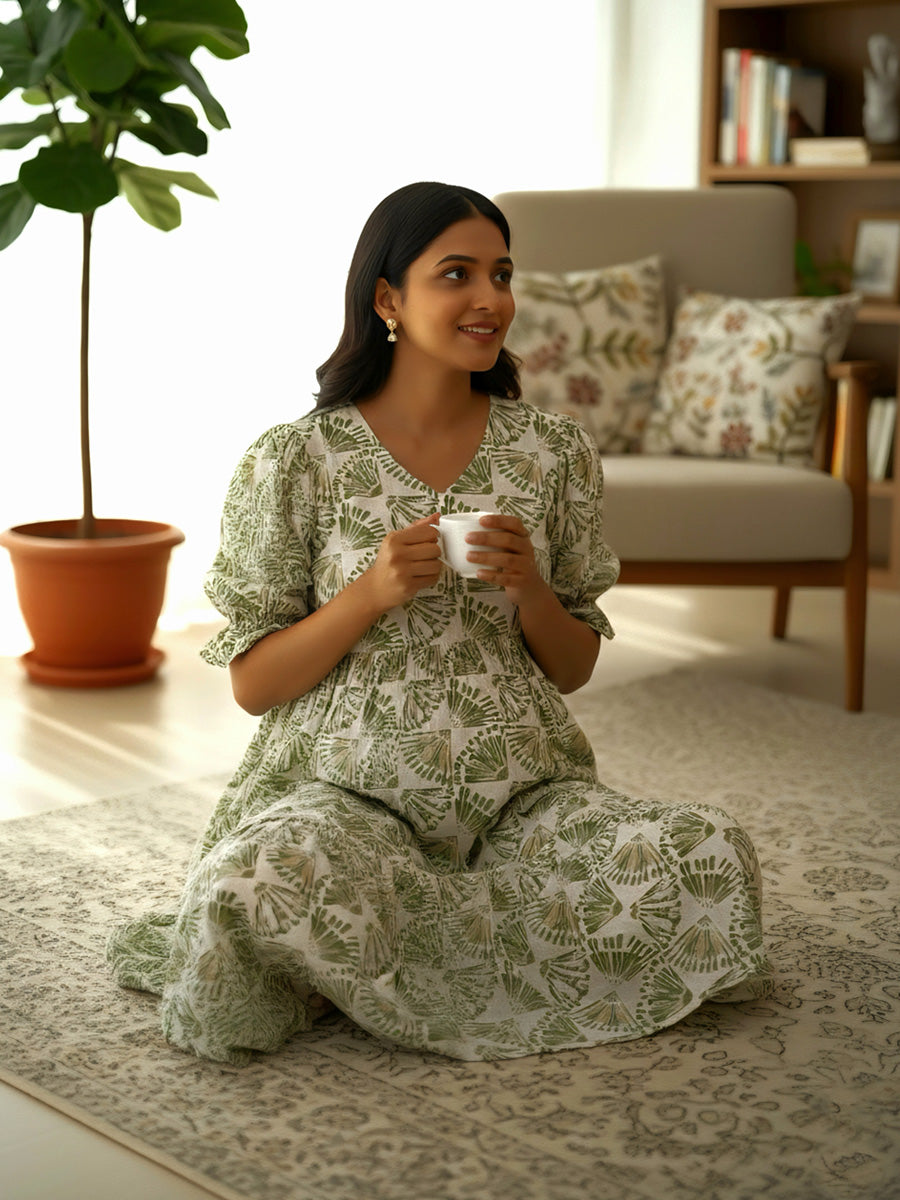 Off-White & Green Floral Block Print Maternity & Nursing Dress – Ziva