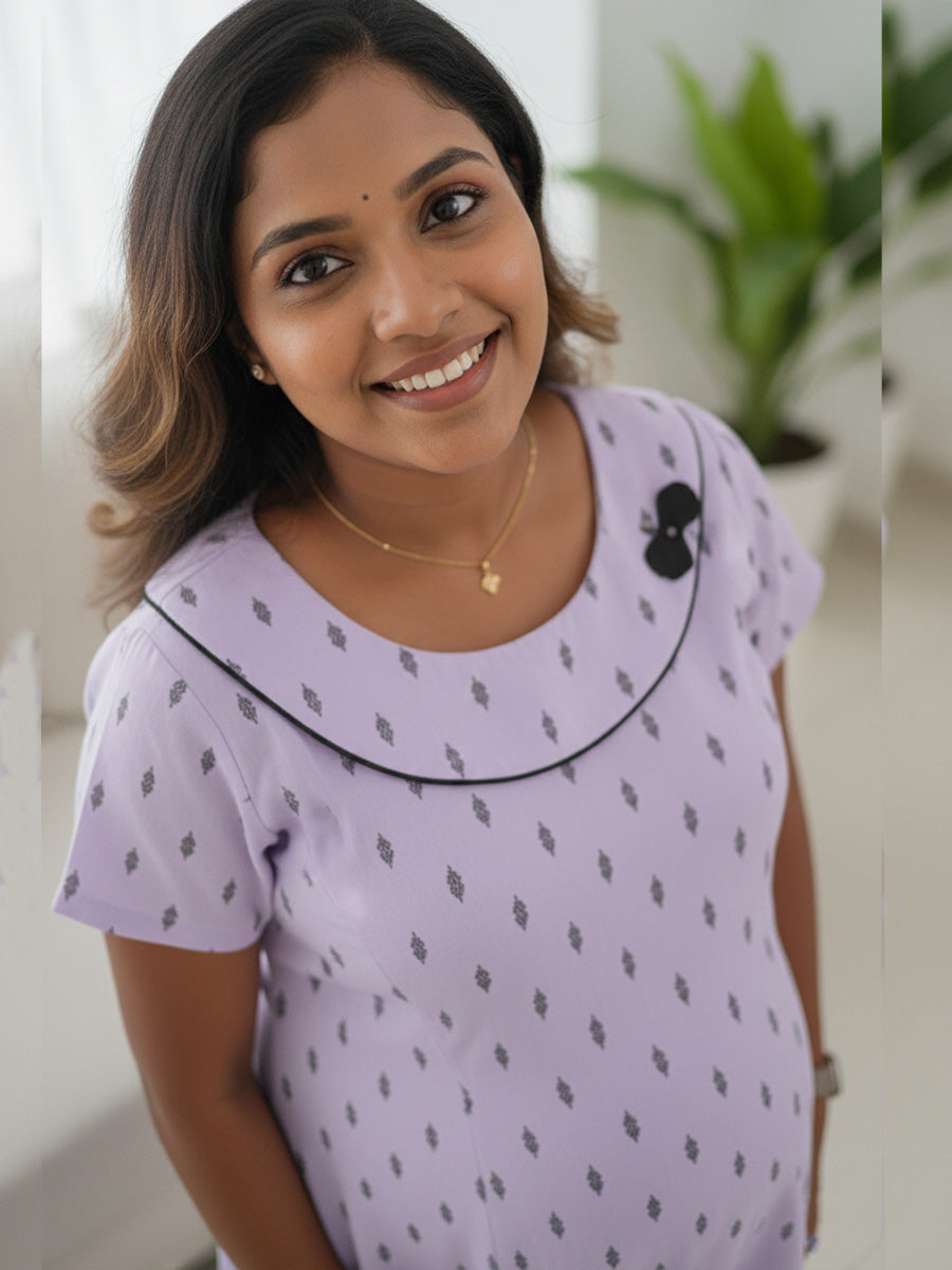 Lavender Geometric Printed Cotton maternity & Feeding Short Nightwear